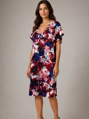 Attention XL Abstract Floral V-Neck Shift Dress Flutter Sleeve